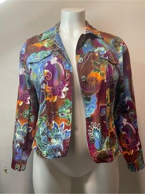 Coldwater Creek Multicolor Floral Jean Jacket with Purple & Blue Accents
